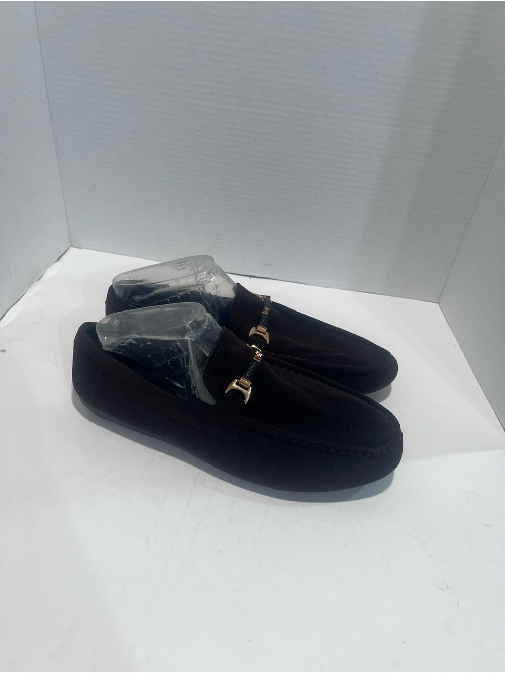 Unlisted Black Suede Loafers with Gold Tone Bit